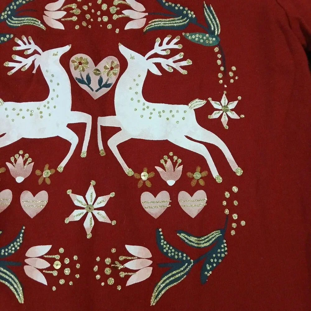 GIRLS CARTER'S 5 DARK RED L/S REINDEER HOLIDAY HEART FLORAL GOLD GLITTER TOP
